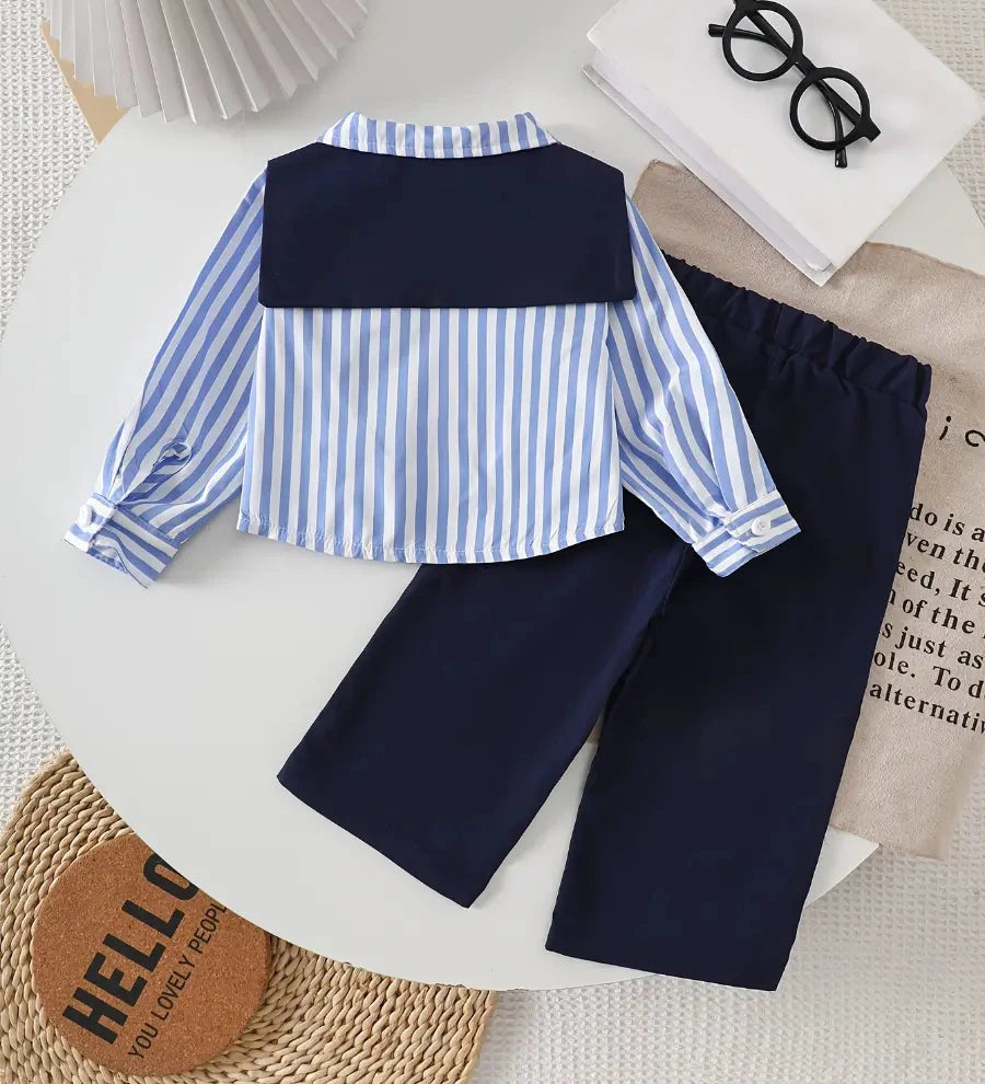 Conjunto Infantil Masculino 2 Peças Camisa Listrada Gola Marinheiro com Gravata e Calça Azul Marinho Conjunto Menino 07 Kabannas 