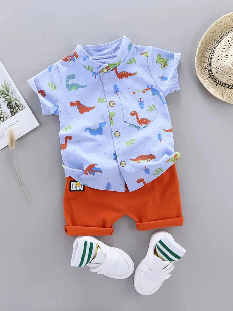 Conjunto Infantil Masculino 2 Peças Camisa Manga Curta Estampa Dinossauros e Shorts Conjunto Menino 25 Kabannas Azul 0-3 Meses 