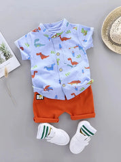 Conjunto Infantil Masculino 2 Peças Camisa Manga Curta Estampa Dinossauros e Shorts Conjunto Menino 25 Kabannas Azul 0-3 Meses 