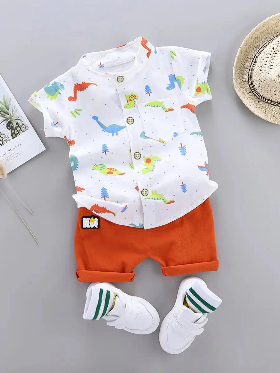 Conjunto Infantil Masculino 2 Peças Camisa Manga Curta Estampa Dinossauros e Shorts Conjunto Menino 25 Kabannas Branco 0-3 Meses 