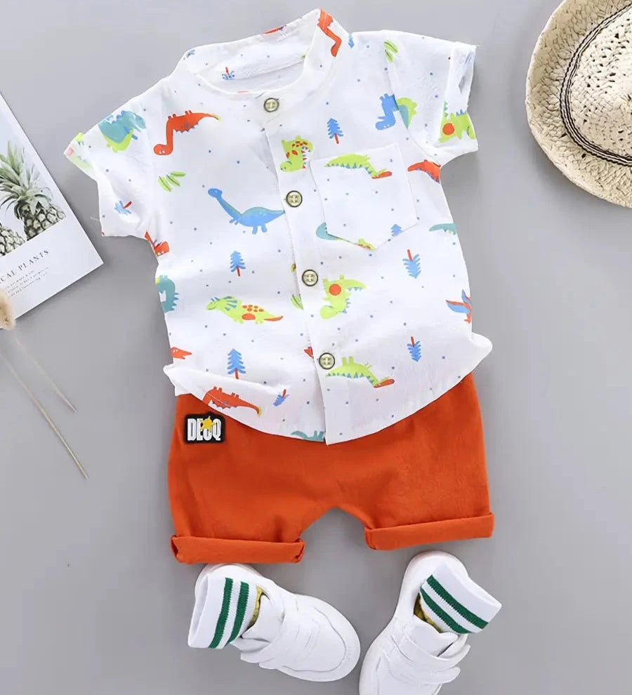 Conjunto Infantil Masculino 2 Peças Camisa Manga Curta Estampa Dinossauros e Shorts Conjunto Menino 25 Kabannas Branco 0-3 Meses 