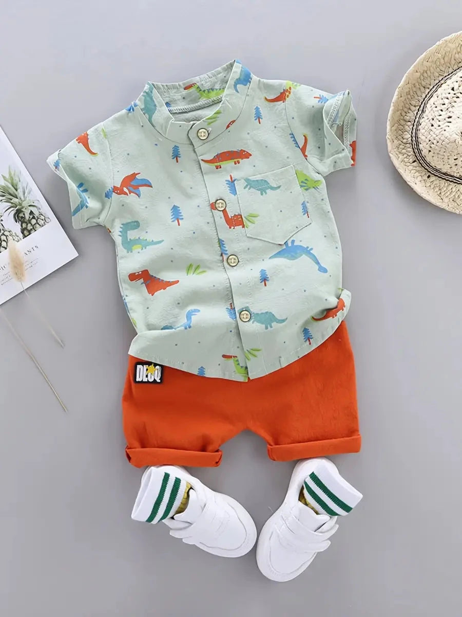 Conjunto Infantil Masculino 2 Peças Camisa Manga Curta Estampa Dinossauros e Shorts Conjunto Menino 25 Kabannas Verde 0-3 Meses 