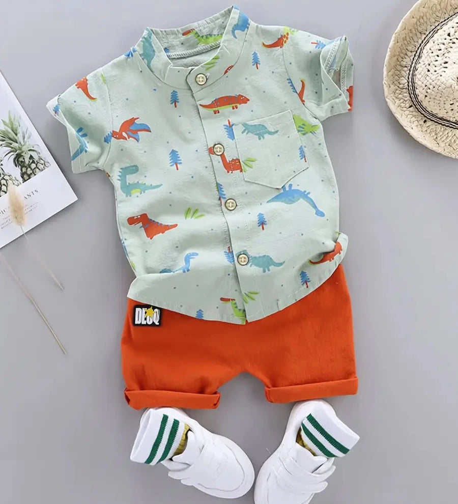 Conjunto Infantil Masculino 2 Peças Camisa Manga Curta Estampa Dinossauros e Shorts Conjunto Menino 25 Kabannas Verde 0-3 Meses 
