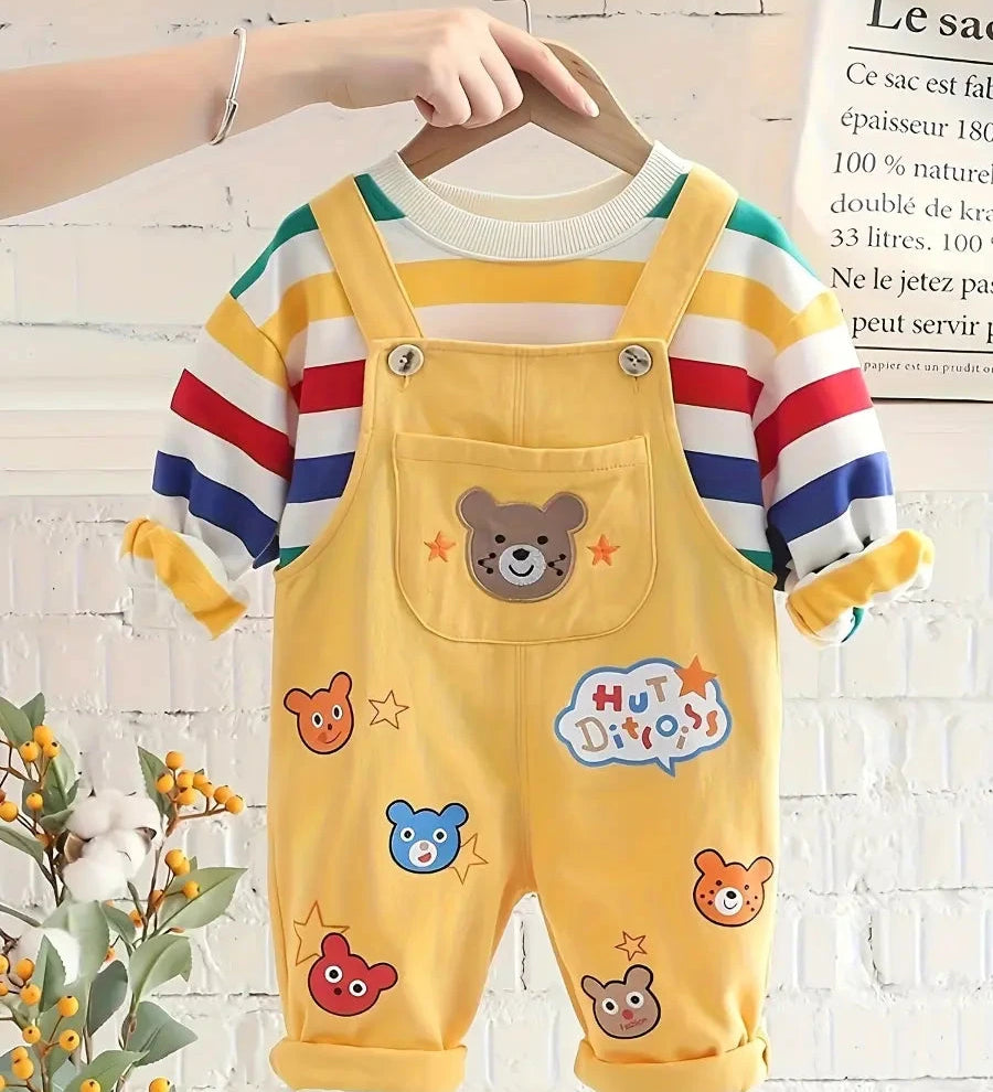 Conjunto Infantil Masculino 2 Peças Camiseta Listrada Colorida e Jardineira Estampa Urso Conjunto Menino 18 Kabannas Amarelo 9-12 Meses 