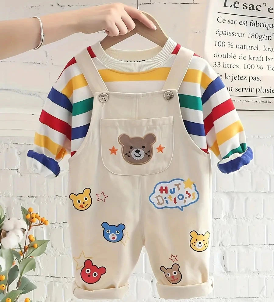 Conjunto Infantil Masculino 2 Peças Camiseta Listrada Colorida e Jardineira Estampa Urso Conjunto Menino 18 Kabannas Bege 9-12 Meses 