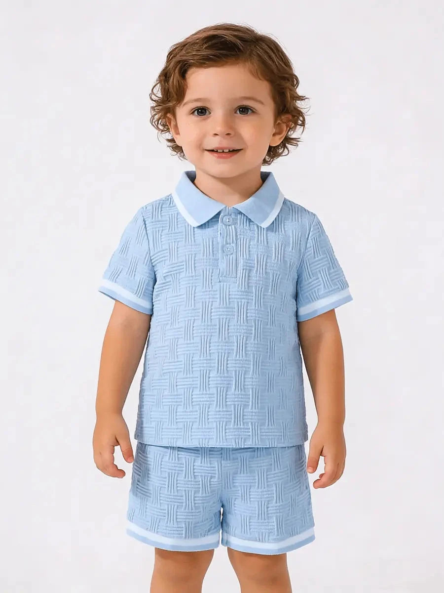 Conjunto Infantil Masculino 2 Peças Polo Manga Curta e Shorts Texturizado Conjunto Menino 12 Kabannas Azul claro 6-9 Meses 