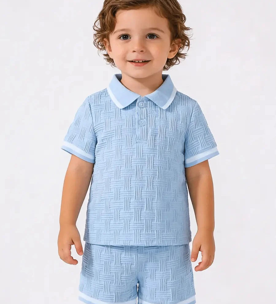 Conjunto Infantil Masculino 2 Peças Polo Manga Curta e Shorts Texturizado Conjunto Menino 12 Kabannas Azul claro 6-9 Meses 