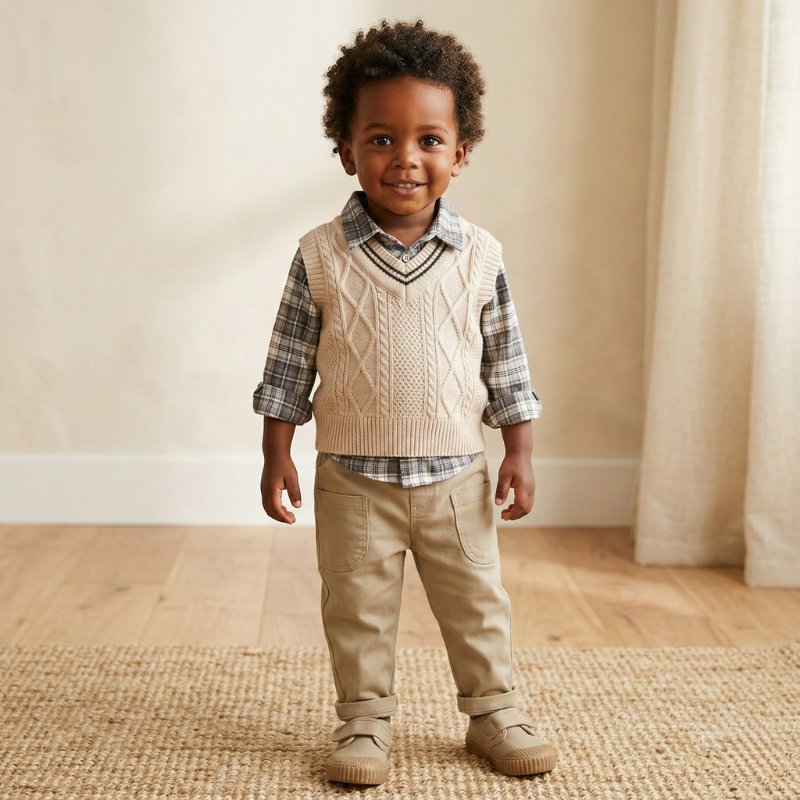 Conjunto Infantil Masculino 3 Peças com Colete, Camisa Xadrez e Calça Moda Vintage Infantil 58 Kabannas Bege 12 Meses 