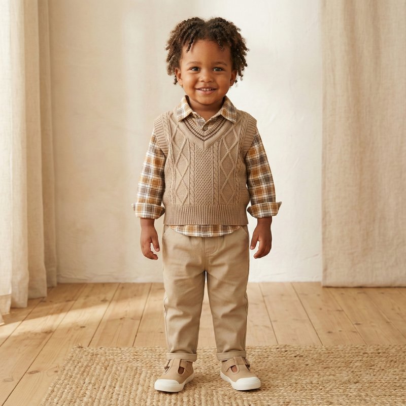 Conjunto Infantil Masculino 3 Peças com Colete, Camisa Xadrez e Calça Moda Vintage Infantil 58 Kabannas Cáqui 12 Meses 