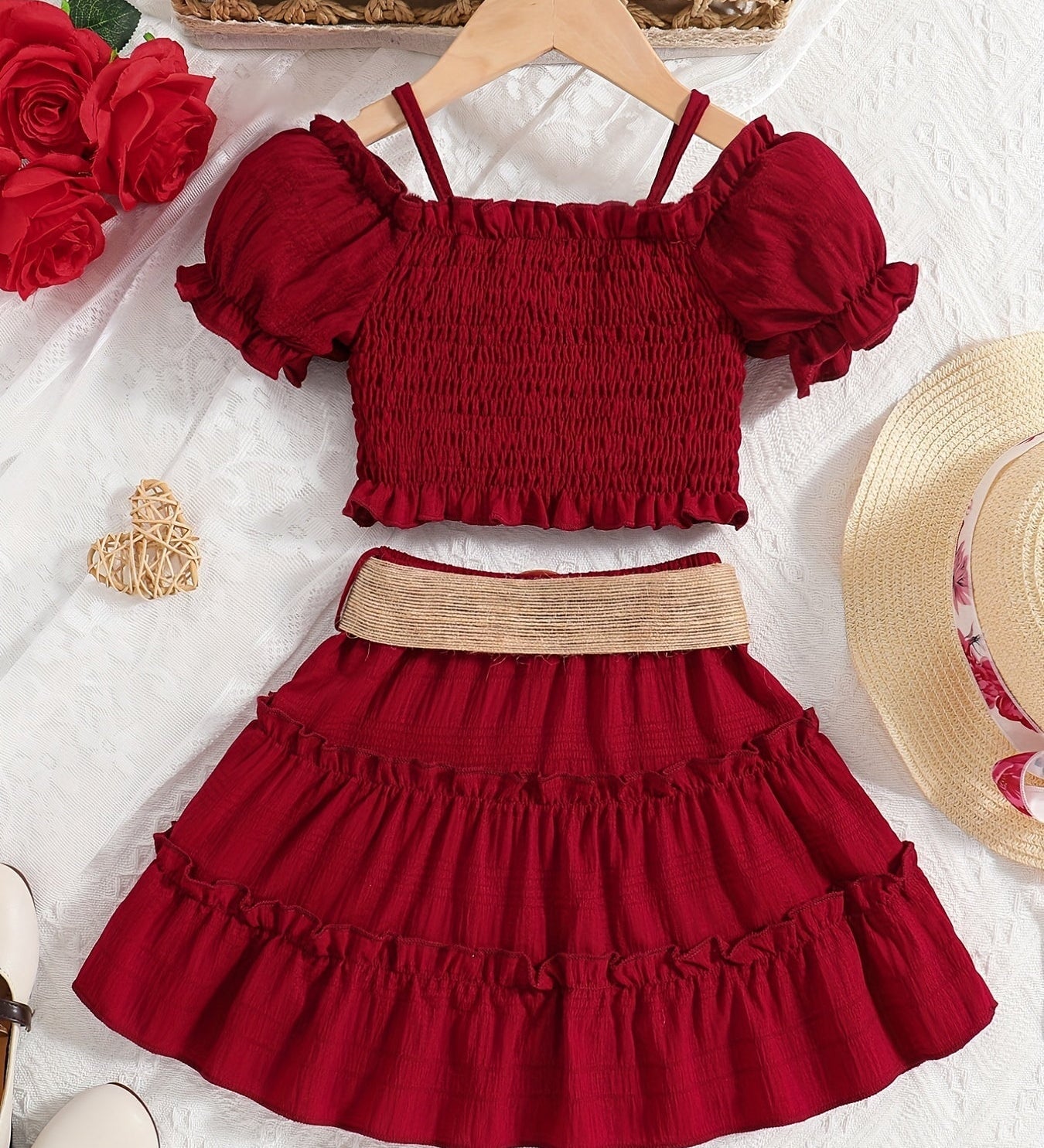 Conjunto Infantil Menina 2 Peças Top Cropped Franzido Ombro Caído e Saia Rodada com Cinto Conjunto Menina 21 Kabannas 