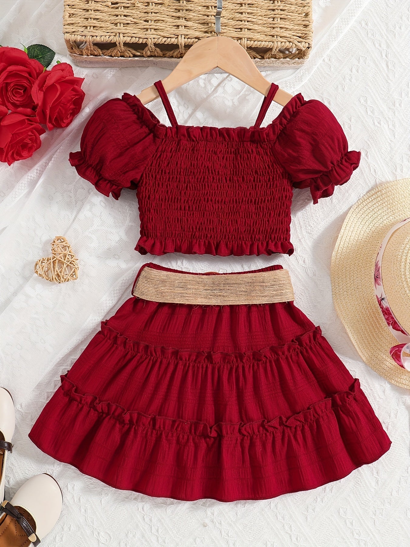 Conjunto Infantil Menina 2 Peças Top Cropped Franzido Ombro Caído e Saia Rodada com Cinto Conjunto Menina 21 Kabannas 