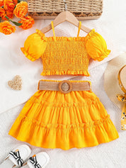 Conjunto Infantil Menina 2 Peças Top Cropped Franzido Ombro Caído e Saia Rodada com Cinto Conjunto Menina 21 Kabannas Amarelo 1-2 Anos 