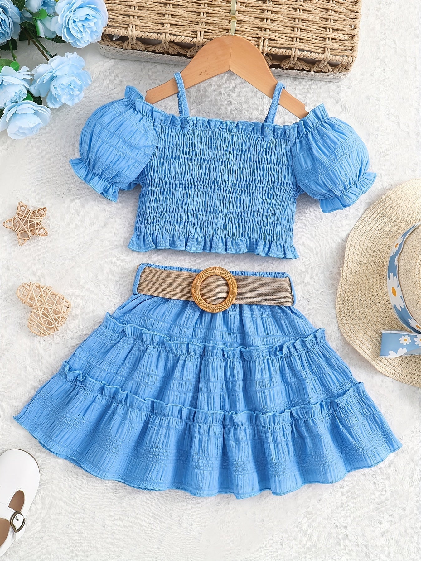 Conjunto Infantil Menina 2 Peças Top Cropped Franzido Ombro Caído e Saia Rodada com Cinto Conjunto Menina 21 Kabannas Azul 1-2 Anos 