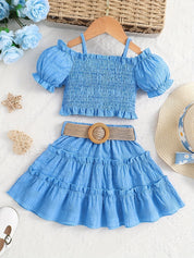 Conjunto Infantil Menina 2 Peças Top Cropped Franzido Ombro Caído e Saia Rodada com Cinto Conjunto Menina 21 Kabannas Azul 1-2 Anos 