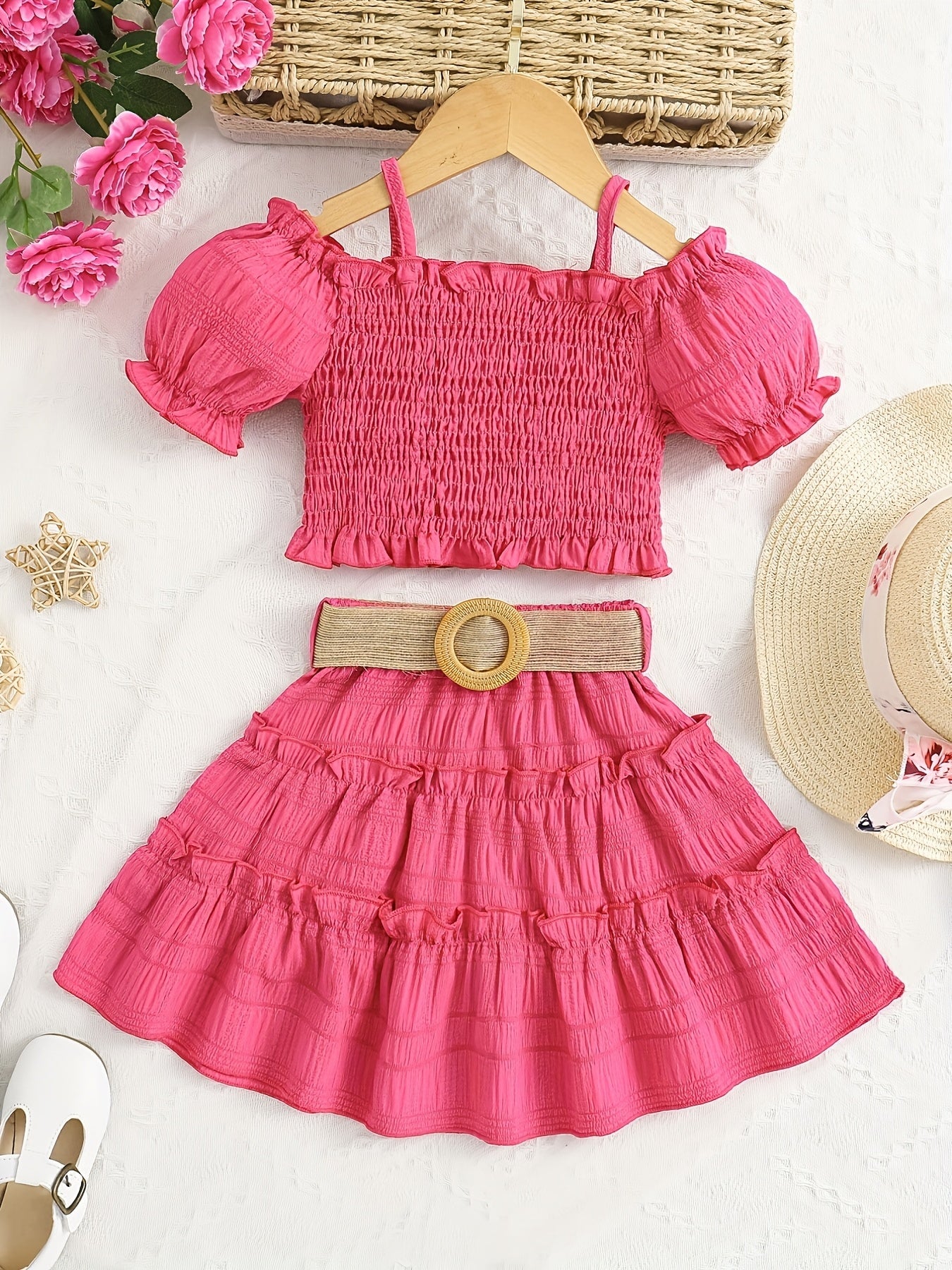Conjunto Infantil Menina 2 Peças Top Cropped Franzido Ombro Caído e Saia Rodada com Cinto Conjunto Menina 21 Kabannas Rosa 1-2 Anos 