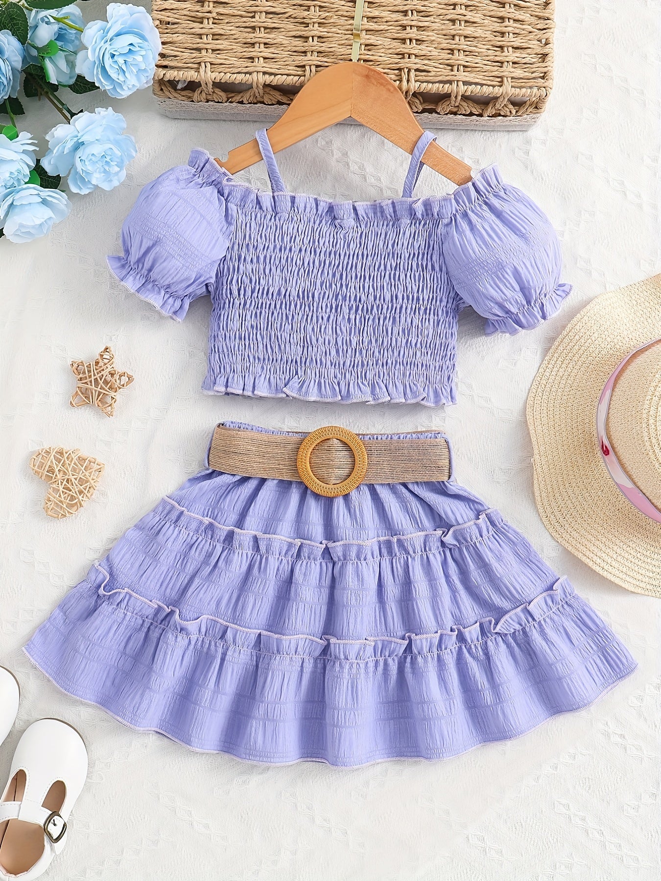 Conjunto Infantil Menina 2 Peças Top Cropped Franzido Ombro Caído e Saia Rodada com Cinto Conjunto Menina 21 Kabannas Roxo 1-2 Anos 