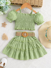 Conjunto Infantil Menina 2 Peças Top Cropped Franzido Ombro Caído e Saia Rodada com Cinto Conjunto Menina 21 Kabannas Verde 1-2 Anos 