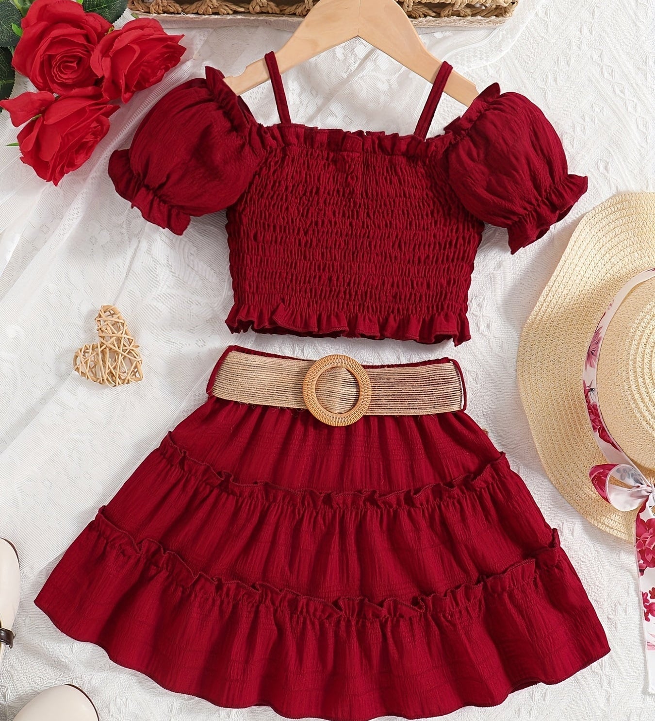 Conjunto Infantil Menina 2 Peças Top Cropped Franzido Ombro Caído e Saia Rodada com Cinto Conjunto Menina 21 Kabannas Vinho 1-2 Anos 