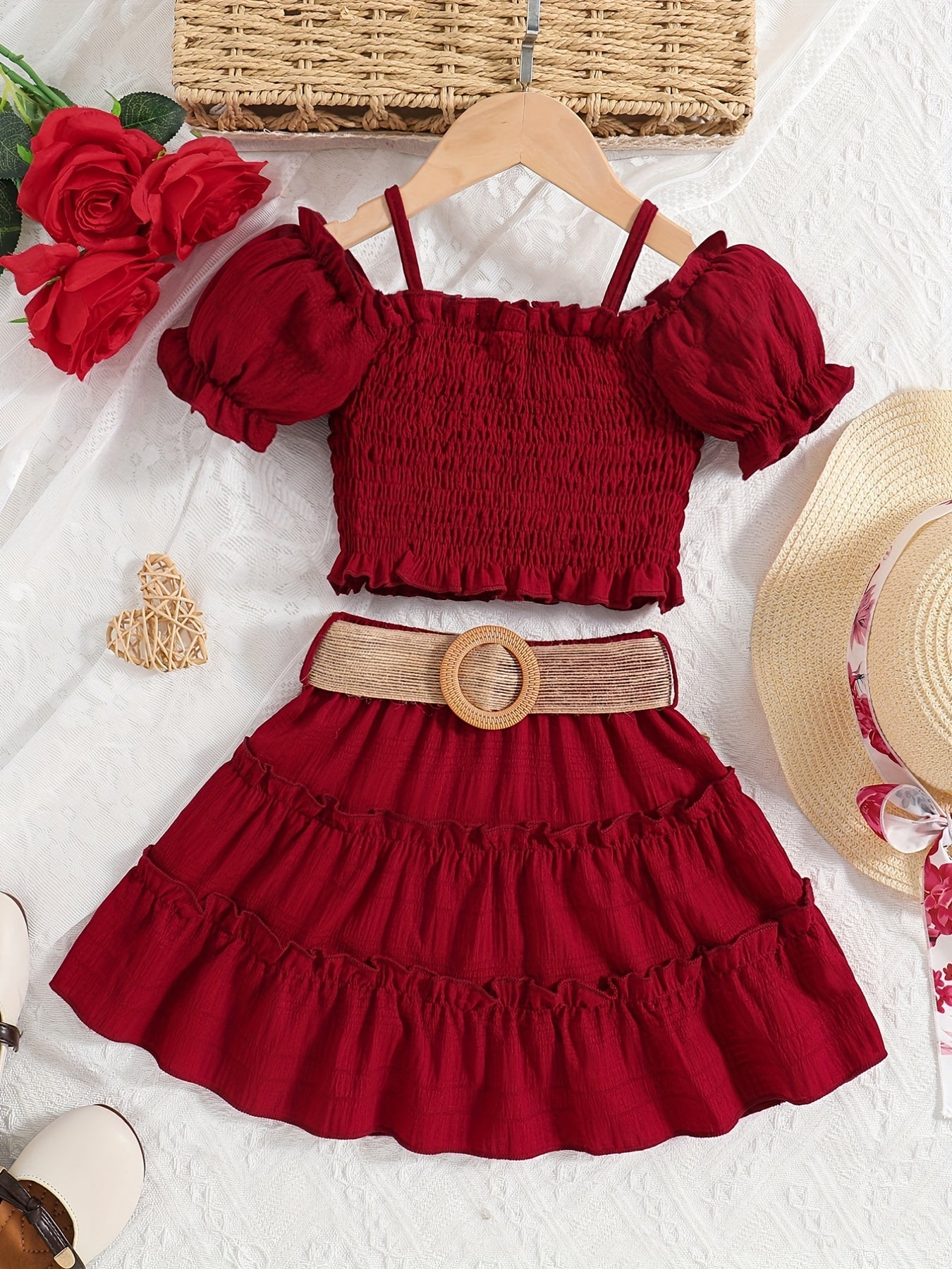 Conjunto Infantil Menina 2 Peças Top Cropped Franzido Ombro Caído e Saia Rodada com Cinto Conjunto Menina 21 Kabannas Vinho 1-2 Anos 