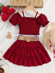 Conjunto Infantil Menina 2 Peças Top Cropped Franzido Ombro Caído e Saia Rodada com Cinto Conjunto Menina 21 Kabannas Vinho 1-2 Anos 