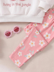 Conjunto Infantil Menina Moletom Flor 3D e Calça Floral Rosa - Branco e rosa