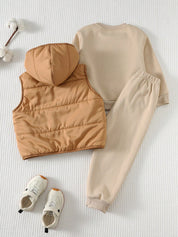 Conjunto Infantil Menino 3 Peças Moletom Calça e Colete Puffer com Capuz - Bege e caramelo