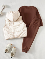 Conjunto Infantil Menino 3 Peças Moletom Calça e Colete Puffer com Capuz - Marrom e creme