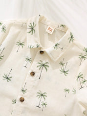 Conjunto Infantil Menino Camisa Coqueiros e Shorts Verde em Algodão - Creme e verde