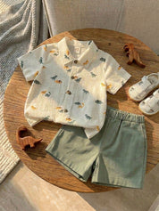 Conjunto infantil menino camisa dinossauro e shorts