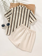 Conjunto Infantil Menino Camisa Listrada com Botões e Bermuda - Bege e marrom
