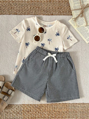 Conjunto Infantil Menino Camiseta Coqueiros e Bermuda Listrada