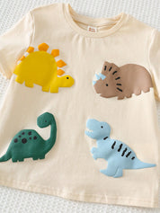 Conjunto Infantil Menino Camiseta Dinossauros 3D e Shorts Caqui - Bege e caqui