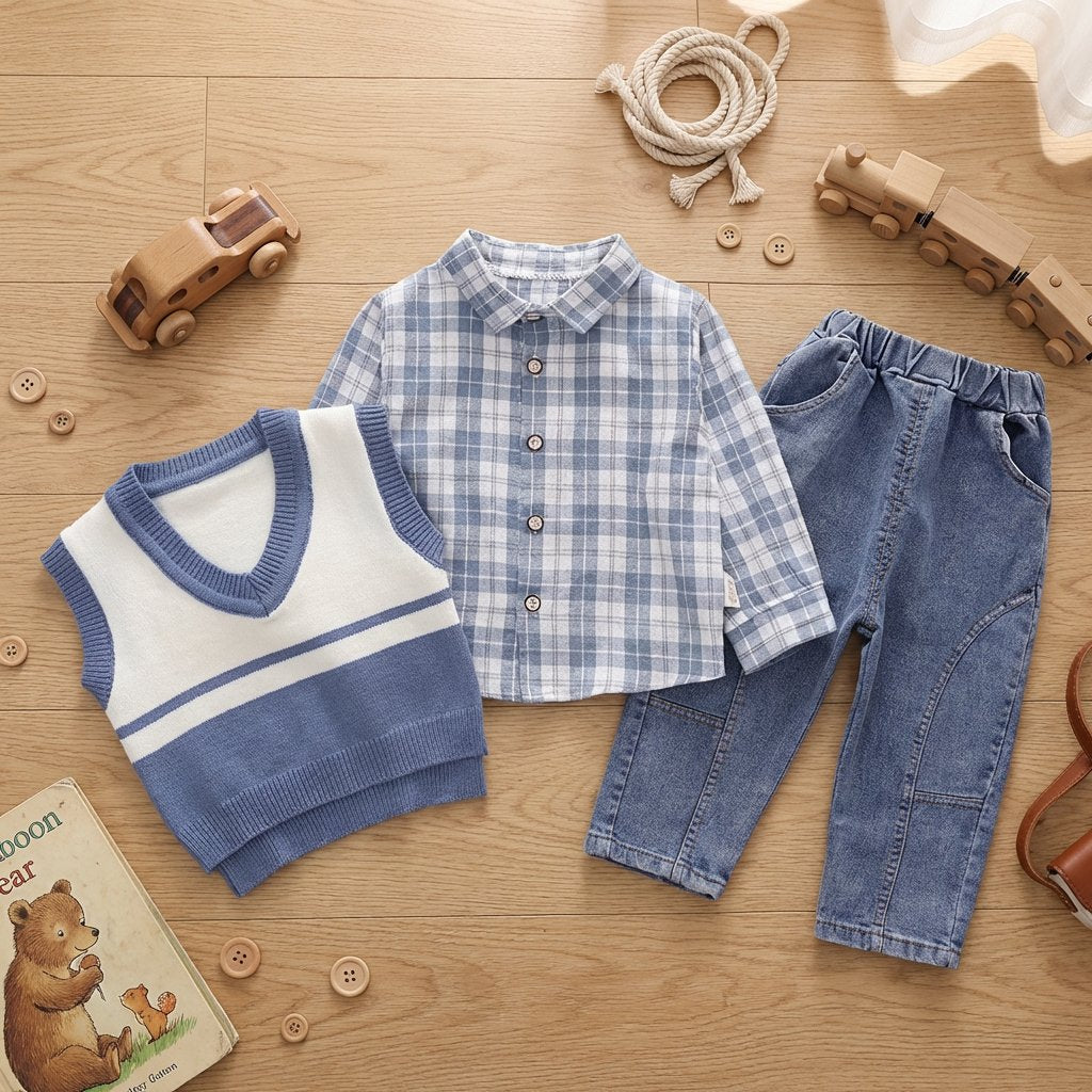 Conjunto Infantil Menino Casual com Colete, Camisa Xadrez e Calça Jeans 3 Peças Moda Vintage Infantil 93 Kabannas 
