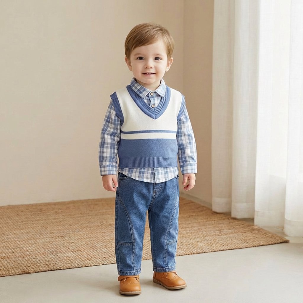 Conjunto Infantil Menino Casual com Colete, Camisa Xadrez e Calça Jeans 3 Peças Moda Vintage Infantil 93 Kabannas Azul 12 Meses 