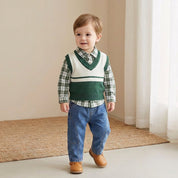 Conjunto Infantil Menino Casual com Colete, Camisa Xadrez e Calça Jeans 3 Peças Moda Vintage Infantil 93 Kabannas Verde 12 Meses 