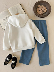 Conjunto Infantil Menino Moletom com Capuz Dinossauro e Calça - Branco e azul