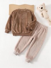 Conjunto Infantil Menino Moletom Pelúcia Urso e Calça com Patinhas - Marrom e bege