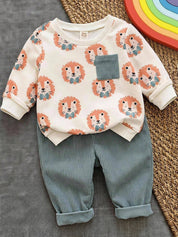 Conjunto infantil menino blusa de tricô macio manga longa e calça