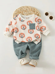 Conjunto infantil menino blusa de tricô macio manga longa e calça