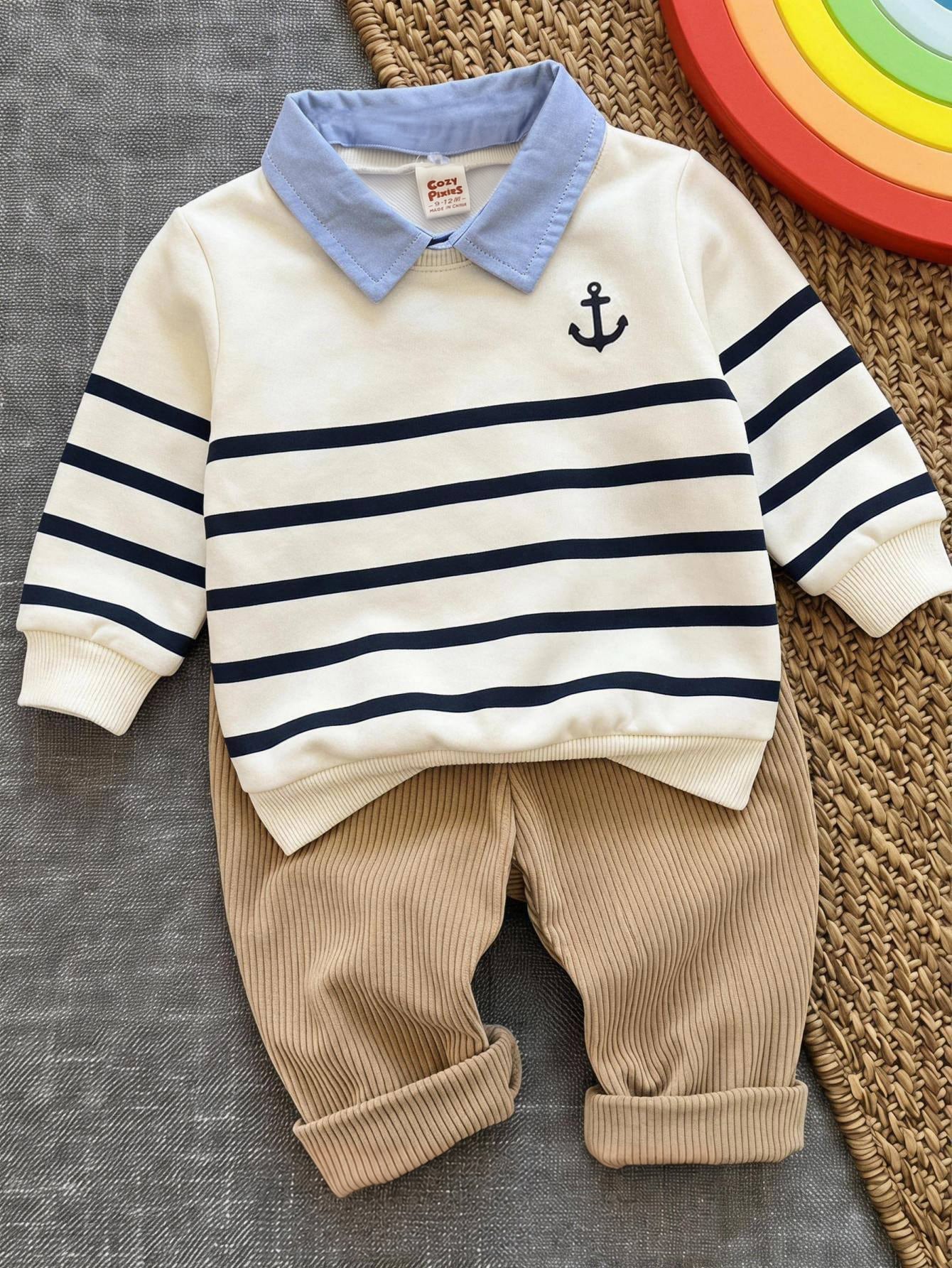 Conjunto infantil menino blusa de tricô macio manga longa e calça