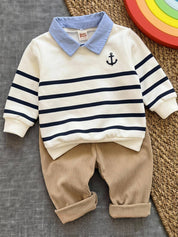 Conjunto infantil menino blusa de tricô macio manga longa e calça