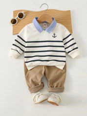 Conjunto infantil menino blusa de tricô macio manga longa e calça