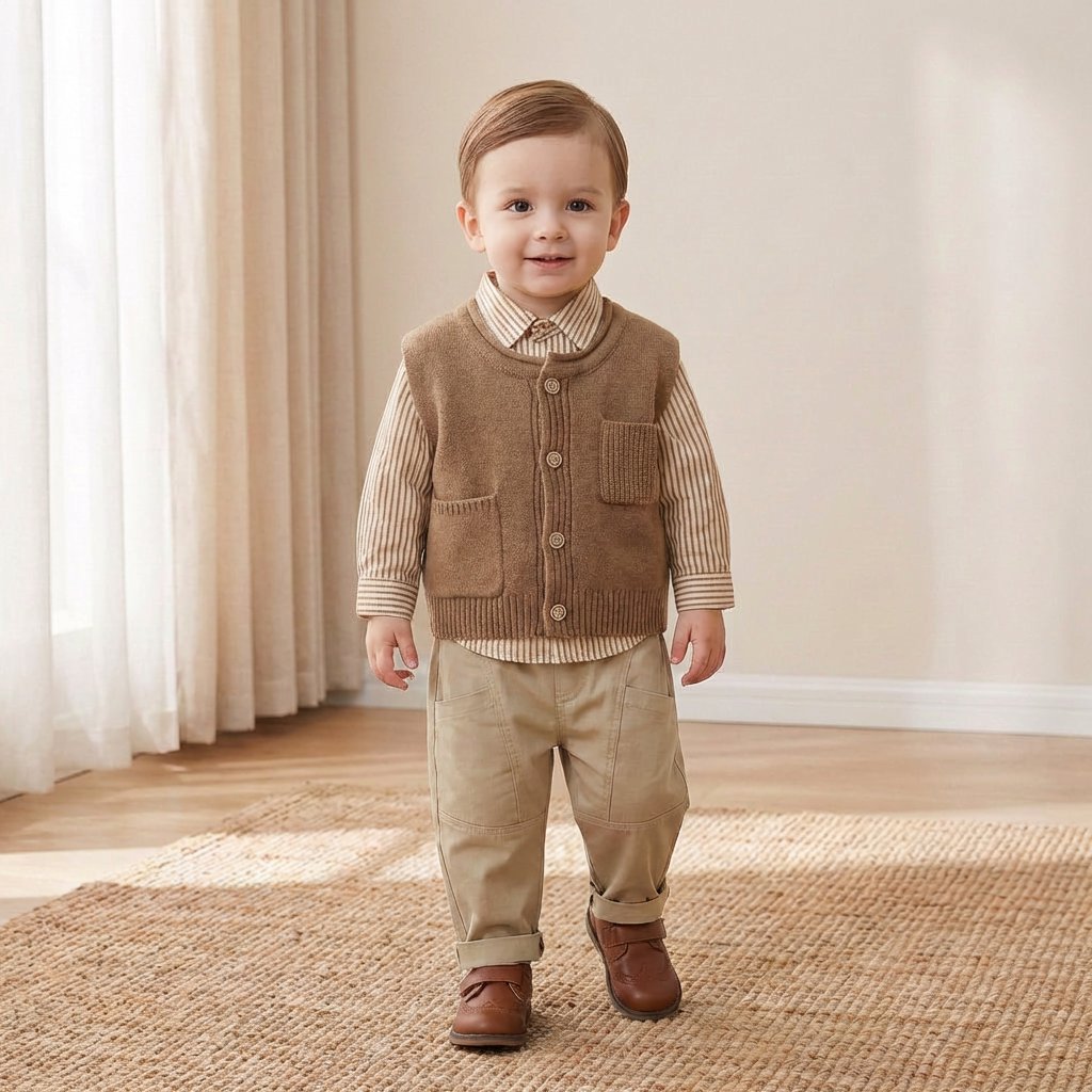 Conjunto Infantil Menino Vintage com Colete, Camisa e Calça 3 Peças Moda Vintage Infantil 92 Kabannas Marrom 2 Anos 