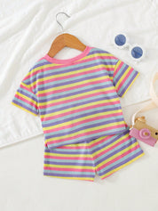 Conjunto Infantil Menina Camiseta Listrada Colorida e Shorts Canelado