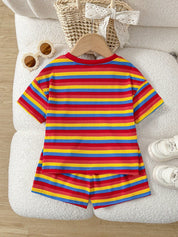 Conjunto Infantil Menina Camiseta Listrada Colorida e Shorts Canelado