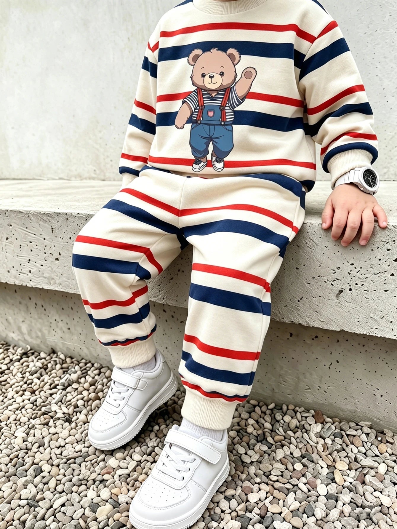 Conjunto Infantil Menino Moletom Listrado Urso e Calça - Multicolorido