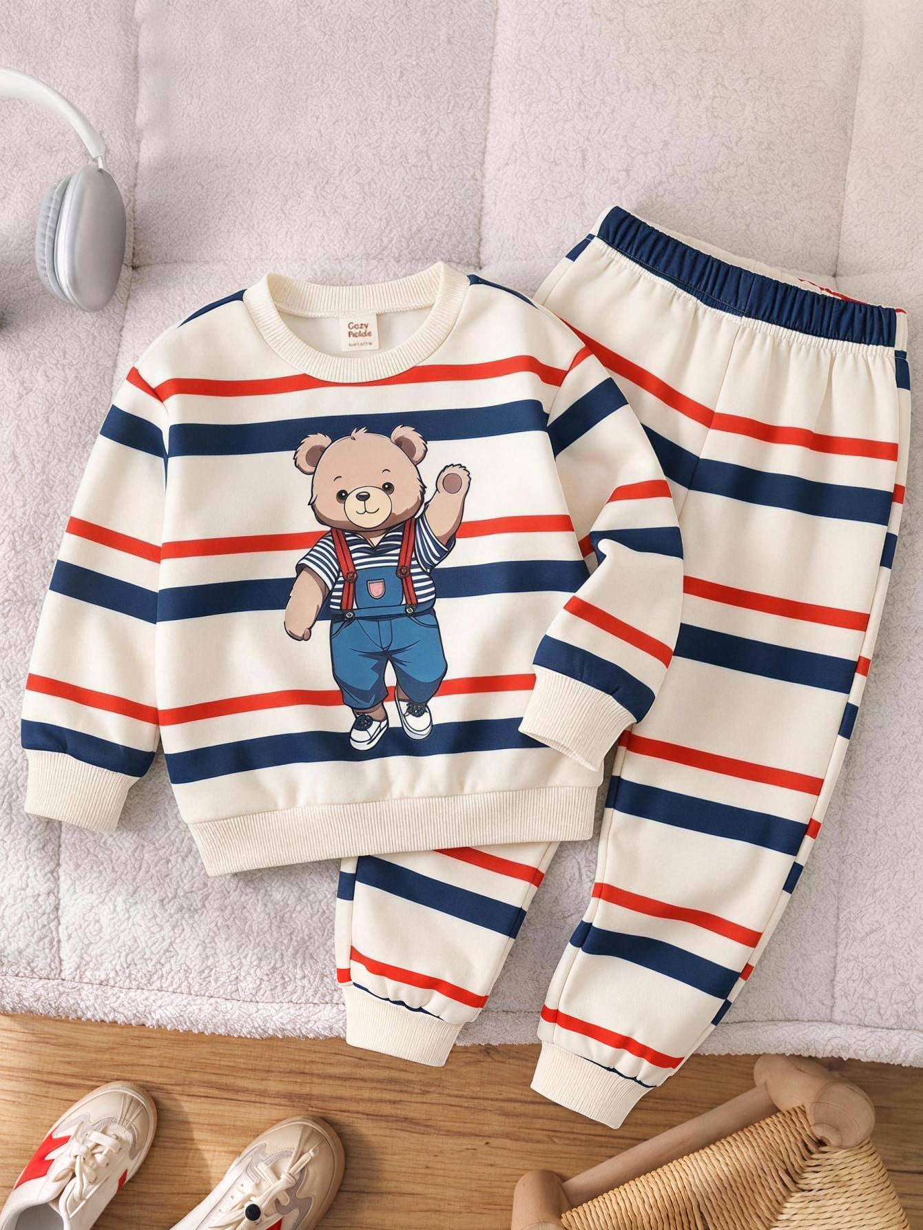 Conjunto Infantil Menino Moletom Listrado Urso e Calça - Multicolorido
