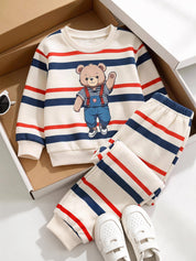 Conjunto Infantil Menino Moletom Listrado Urso e Calça - Multicolorido