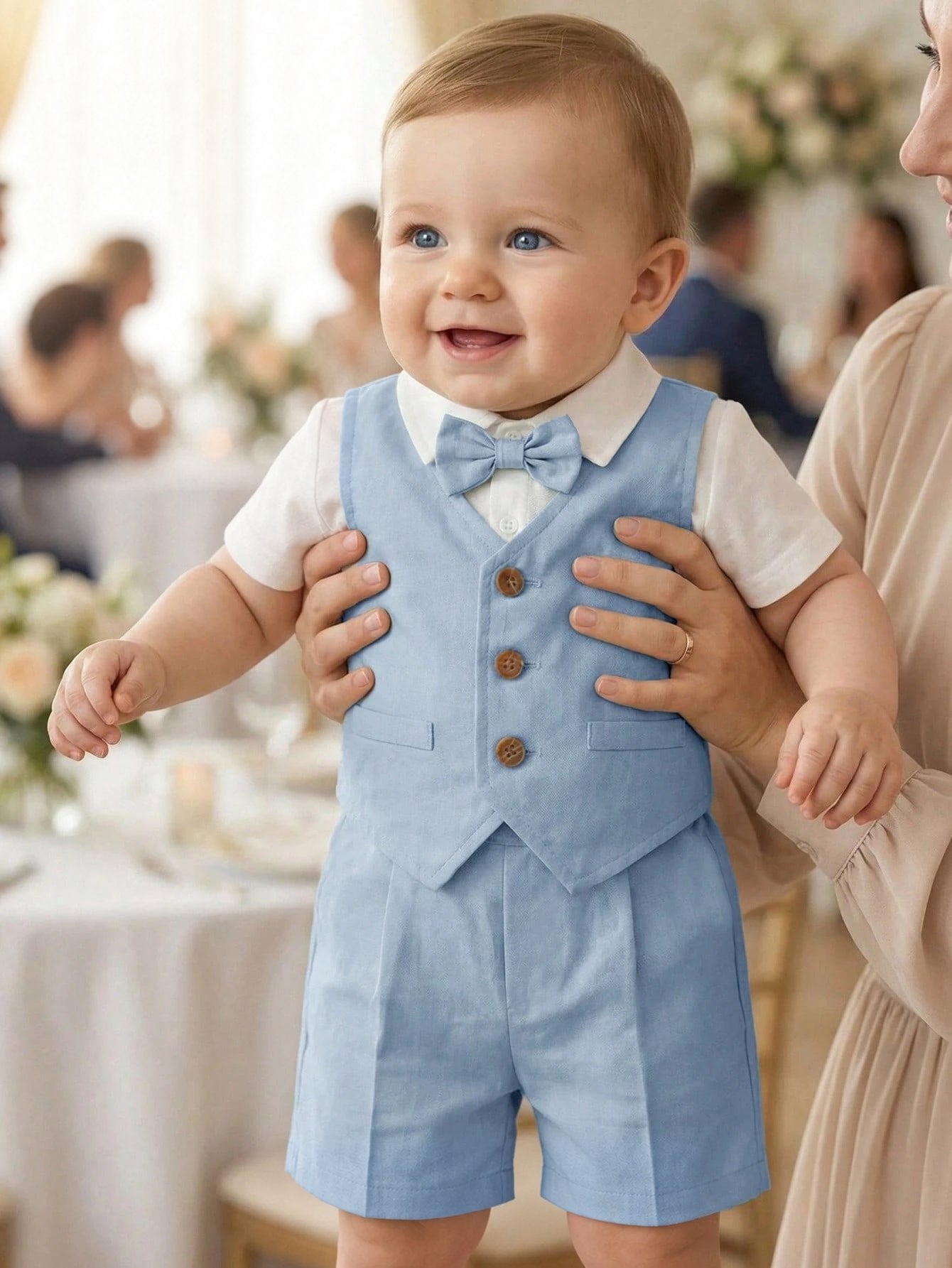 Conjunto Social Bebê Menino Camisa Colete e Bermuda 004 Conjunto Menino 33 Kabannas Azul claro 6-9 Meses 