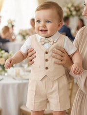 Conjunto Social Bebê Menino Camisa Colete e Bermuda 004 Conjunto Menino 33 Kabannas Bege 6-9 Meses 